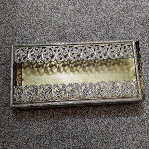 Vintage Gold w White Floral Paisley Filigree Vanity Tissue Holder